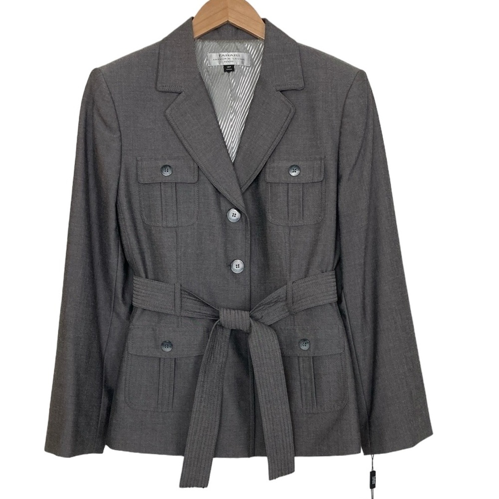 NEW Tahari Arthur Levine Gray Belted Button Front Tailored Blazer
